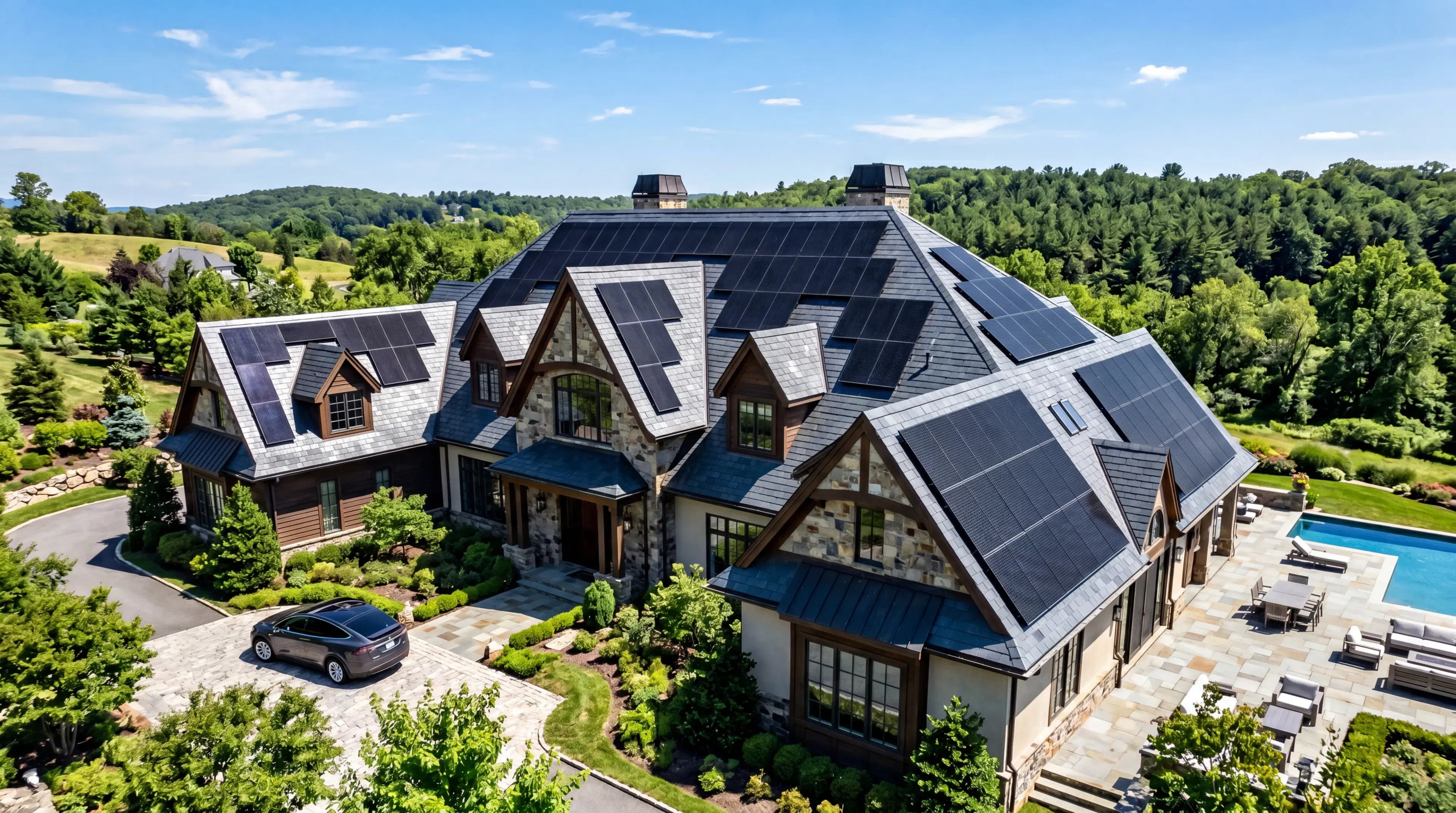 Custom solar panel array engineered for a complex multi-plane architectural roof